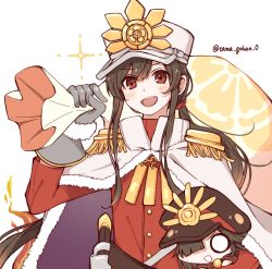 Rule 34 | 1boy, cape, facing viewer, family crest, fate/grand order, fate (series), fiery hair, fur-trimmed cape, fur-trimmed gloves, fur trim, gloves, hair between eyes, hat, highres, holding, holding sack, katana, low ponytail, military hat, mini nobu (fate), oda nobukatsu (fate), oda uri, open mouth, ponytail, red eyes, red shirt, sack, santa costume, shako cap, shirt, sidelocks, simple background, smile, sparkle, sword, trap, twitter username, upper body, weapon, white background, yui (tamagohan)