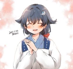 Rule 34 | 1girl, alternate costume, artist name, black hair, commentary request, dated, closed eyes, hair flaps, hair ornament, hairclip, jingei (kancolle), kantai collection, kirisawa juuzou, long hair, low ponytail, own hands together, smile, solo, upper body