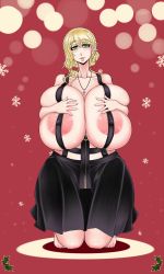 Rule 34 | 1girl, areola slip, bare shoulders, blonde hair, breast hold, breasts, christmas, collarbone, curvy, faina (psp), female focus, gigantic breasts, green eyes, highres, jewelry, kneeling, large areolae, lips, mature female, mole, mole under eye, necklace, no bra, original, psp(3dass), skirt, solo, wide hips