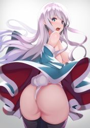 Rule 34 | 1girl, :o, akausuko, ass, bare shoulders, black thighhighs, blue eyes, blush, breasts, commentary request, fundoshi, grey background, grey hair, hair censor, happi, highres, hip focus, japanese clothes, large breasts, long hair, looking at viewer, looking back, open mouth, original, simple background, solo, thighhighs, thighs, very long hair, wide hips