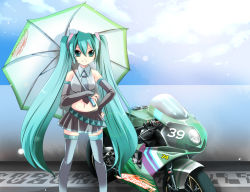 Rule 34 | 1girl, aqua eyes, aqua hair, bare shoulders, bridal gauntlets, cloud, day, detached sleeves, hand on own hip, hatsune miku, hip focus, long hair, midriff, motor vehicle, motorcycle, necktie, race queen, shinolion, skirt, sky, smile, solo, takitsume shino, thighhighs, twintails, umbrella, vehicle, very long hair, vocaloid