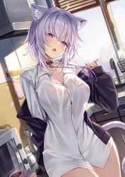 Rule 34 | 1girl, ahoge, animal ear fluff, animal ears, black cardigan, blush, breast pocket, breasts, button gap, cardigan, cat ears, cat girl, cat tail, cleavage, coffee, coffee mug, collar, collared shirt, cowboy shot, cup, day, dress shirt, fang, faucet, female focus, head tilt, highres, hololive, indoors, kitchen, ks (xephyrks), large breasts, long sleeves, looking at viewer, microwave, mug, neck ribbon, nekomata okayu, nekomata okayu (oversized shirt), no bra, official alternate costume, open cardigan, open clothes, open mouth, oven mitts, pocket, purple eyes, purple hair, purple ribbon, ribbon, shirt, short hair, sleeves past wrists, solo, tail, thigh gap, virtual youtuber, white shirt, window