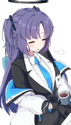 Rule 34 | 1girl, absurdres, black gloves, black jacket, black skirt, blue archive, blue hair, blue necktie, caffeinechara, closed eyes, coffee cup, collared shirt, commentary request, cup, disposable cup, gloves, halo, highres, holding, holding cup, jacket, long hair, long sleeves, necktie, off shoulder, open mouth, shirt, simple background, sitting, skirt, solo, two-sided fabric, two-sided jacket, two side up, white background, white shirt, yuuka (blue archive)