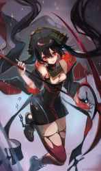 Rule 34 | 1girl, black dress, black footwear, black headwear, boots, breasts, cape, commission, cross, cross earrings, detached sleeves, dress, earrings, highres, holding, holding weapon, jewelry, long hair, looking at viewer, medium breasts, nagasawa tougo, open mouth, original, red eyes, red thighhighs, scar, scythe, solo, thighhighs, torn clothes, torn thighhighs, twintails, very long hair, weapon