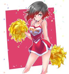 Rule 34 | 1girl, black hair, cheerleader, commentary request, english text, glitter, iesupa, multicolored hair, one eye closed, pom pom (cheerleading), red hair, ruby rose, rwby, solo, standing, two-tone hair