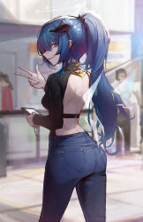 Rule 34 | 1girl, absurdres, alternate costume, alternate hairstyle, arknights, ass, back, backless outfit, bare back, blue eyes, blue hair, blue nails, blue tongue, breasts, casual, cellphone, colored tongue, commentary request, day, denim, detached wings, ear piercing, energy wings, feet out of frame, from behind, halo, highres, holding, holding phone, horns, jeans, long sleeves, looking at viewer, looking back, mostima (arknights), nail polish, outdoors, pants, parted lips, phone, piercing, ponytail, qingfeng canying, small breasts, smartphone, smile, solo focus, standing, standing on one leg, v, wings