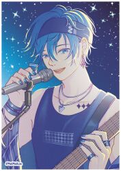 Rule 34 | 1boy, blue eyes, blue hair, blue nails, border, bracelet, collarbone, commentary, earrings, electric guitar, fingernails, guitar, headband, highres, holding, holding instrument, instrument, jewelry, kaito (vocaloid), leo/need (project sekai), leo/need kaito, looking at viewer, male focus, melkan, microphone, necklace, official alternate costume, open mouth, project sekai, short hair, solo, star (symbol), tank top, tattoo, teeth, twitter username, upper body, vocaloid, white border