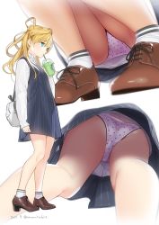 Rule 34 | 1girl, abukuma (kancolle), alternate costume, ama mitsuki, artist name, ass, backpack, bag, blonde hair, blue dress, blue eyes, blurry, bra, bra peek, breasts, coffee cup, cup, dated, depth of field, disposable cup, dress, drink, drinking, frappuccino, from below, full body, hair between eyes, hair ribbon, kantai collection, long hair, long sleeves, mouth hold, multiple views, panties, pantyshot, pink bra, pink panties, pinky out, polka dot, polka dot panties, ribbon, shoes, simple background, sleeves past wrists, small breasts, socks, squatting, standing, starbucks, two side up, underwear, upskirt, white background, white legwear