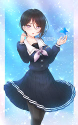 Rule 34 | 1girl, artist logo, asymmetrical hair, bad id, bad pixiv id, bang dream!, black hair, black pantyhose, blue background, blue butterfly, blue serafuku, blue skirt, breasts, bug, butterfly, buttons, collarbone, commentary request, cowboy shot, glint, hair between eyes, hands up, highres, insect, large breasts, light particles, long sleeves, looking at viewer, neckerchief, pantyhose, parted lips, pleated skirt, purple eyes, purple neckerchief, sailor collar, school uniform, serafuku, shirogane (k8161k), short hair, sidelocks, skirt, solo, sparkle, standing, w arms, white sailor collar, yashio rui