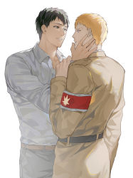 Rule 34 | 2boys, alternate universe, arm grab, armband, bertolt hoover, black eyes, black hair, blonde hair, collared shirt, couple, crying, crying with eyes open, cute potato (cute potato ner), eye contact, facial hair, feet out of frame, from side, goatee, hand on another&#039;s face, highres, looking at another, male focus, marley military uniform, multiple boys, reiner braun, shingeki no kyojin, shirt, short hair, tears, white background, yaoi
