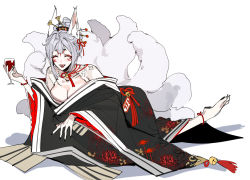 Rule 34 | alternate hairstyle, animal ears, anklet, barefoot, beads, bell, black gloves, black kimono, black nails, black ribbon, blush, breasts, checkered sash, cleavage, closed eyes, cup, drinking, drinking glass, earrings, extra ears, eyeliner, eyeshadow, facial mark, fangs, forehead mark, fox ears, fox girl, fox tail, gloves, grey hair, hair ornament, hairpin, halterneck, highres, holding, holding cup, japanese clothes, jewelry, jingle bell, kanishiima, kimono, lantern earrings, large breasts, looking to the side, lying, makeup, mature female, medium hair, mole, mole under eye, multiple tails, nail polish, neck ribbon, nijisanji, nijisanji en, nina kosaka, off shoulder, on side, red eyeliner, red eyes, red eyeshadow, red ribbon, red wine, ribbon, short eyebrows, single earring, smile, tail, virtual youtuber, white background, wine, wine glass