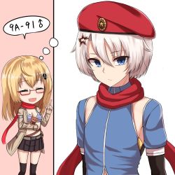 Rule 34 | 1boy, 1girl, 9a-91 (girls&#039; frontline), as val (girls&#039; frontline), beret, black legwear, blonde hair, blue eyes, bob cut, closed mouth, detached sleeves, genderswap, genderswap (ftm), girls&#039; frontline, glasses, hair ornament, hat, open clothes, open mouth, red headwear, red scarf, scarf, short hair, skirt, smile, star (symbol), stuffed animal, stuffed toy, teddy bear, white hair, yakob labo