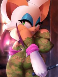 Rule 34 | 1girl, animal ears, ass, bad anatomy, bat ears, bat wings, bodypaint, breasts, furry, furry female, green eyes, highres, large breasts, mystical (plantpenetrator), nude, open mouth, rouge the bat, sega, solo, sonic (series), teeth, wings