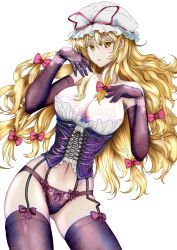 Rule 34 | 1girl, absurdres, blonde hair, blush, bow, breasts, cleavage, colored eyelashes, corset, cowboy shot, cross-laced clothes, elbow gloves, garter straps, gloves, hair bow, hat, highres, lace, lace-trimmed gloves, lace trim, large breasts, long hair, looking at viewer, mob cap, navel, open mouth, panties, purple gloves, purple panties, purple thighhighs, solo, thighhighs, tk31, touhou, transparent background, underwear, very long hair, white background, yakumo yukari, yellow eyes