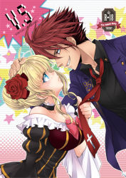 Rule 34 | 07th expansion, 1boy, 1girl, beatrice (umineko), black battler, blonde hair, blue eyes, bow, breasts, character name, cover, cover page, eye contact, face-to-face, flower, hair flower, hair ornament, large breasts, looking at another, no naku koro ni (series), pink bow, red hair, rose, short hair, smile, sousui hani, umineko no naku koro ni, ushiromiya battler