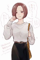 Rule 34 | 1girl, adjusting hair, bag, belt, black skirt, blush, brown bag, brown belt, brown eyes, brown hair, closed mouth, highres, jewelry, kyoi hey, long sleeves, looking at viewer, necklace, original, parted bangs, pencil skirt, ring, shirt, short hair, shoulder bag, skirt, solo, standing, thought bubble, translation request, upper body, white background, white shirt