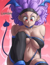 Rule 34 | 1girl, afro, breasts, bulma, choker, demon girl, demon horns, demon tail, dragon ball, dragonball z, female focus, groin, horns, kameseru, large breasts, looking at viewer, navel, purple hair, revealing clothes, solo, tail