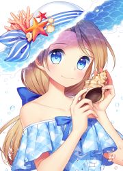 Rule 34 | 1girl, bare shoulders, blue dress, blue eyes, blush, brown hair, collarbone, dress, hands up, hat, highres, holding, jenevan, long hair, looking at viewer, low-tied long hair, original, plaid, plaid dress, seashell, shell, simple background, smile, solo, starfish, sun hat, tareme, upper body, water drop, white background