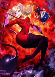 Rule 34 | 1girl, 1other, :d, ass, blonde hair, blue eyes, bodysuit, boots, breasts, cat mask, cat tail, cleavage, cleavage cutout, clothing cutout, explosion, fire, full body, glass shards, gloves, holding, holding slingshot, holding whip, long hair, looking at viewer, mask, medium breasts, morgana (persona 5), open mouth, parted lips, persona, persona 5, red bodysuit, relayrl, scarf, slingshot (weapon), smile, tail, takamaki anne, thigh boots, twintails, unworn mask, yellow scarf