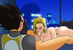 Rule 34 | 1boy, 1girl, android 18, ass, bed, blonde hair, breasts, cheating (relationship), dragon ball, dragon ball super, dragonball z, fellatio, highres, huge ass, large breasts, large penis, netorare, night, night sky, oral, penis, setthh98, sex, sky, vegeta, veins, veiny penis