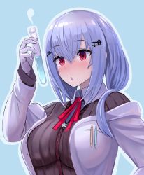 Rule 34 | 1girl, black cardigan, blue background, blue hair, blush, breasts, cardigan, coat, commentary, enumiyaa, gloves, hair ornament, hairclip, hakase fuyuki, hakase fuyuki (1st costume), highres, holding, lab coat, large breasts, long hair, low twintails, nijisanji, open clothes, open coat, open mouth, red eyes, red neckwear, red ribbon, ribbon, twintails, upper body, vial, virtual youtuber, white gloves