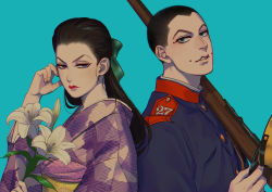 Rule 34 | absurdres, black hair, blue background, blue eyes, bow, buzz cut, facial mark, flower, golden kamuy, gun, hair bow, hand up, hat, unworn hat, unworn headwear, highres, holding, holding flower, japanese clothes, kimono, lily (flower), lipstick, long hair, looking at viewer, makeup, military, military uniform, pated lips, reman kamuy, short hair, uniform, upper body, usami tokishige, very short hair, weapon