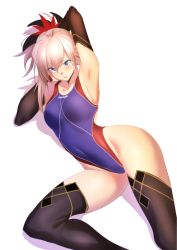 Rule 34 | 1girl, armpits, arms up, bad id, bad twitter id, black thighhighs, blue eyes, breasts, competition swimsuit, covered navel, detached sleeves, dutch angle, fate/grand order, fate (series), hair between eyes, hair ornament, highres, large breasts, leg up, miyamoto musashi (fate), miyamoto musashi (first ascension) (fate), one-piece swimsuit, parted lips, pink hair, ponytail, simple background, solo, swimsuit, thighhighs, ulrich (tagaragakuin), white background