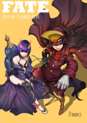 Rule 34 | 2girls, :d, alcohol, anklet, armor, artist name, barefoot, barefoot sandals (jewelry), black hair, blush, breasts, brown hair, cape, cleavage, fang, fangs, fate/grand order, fate (series), feet, gloves, gourd, grey gloves, hair between eyes, hair ornament, hat, highres, holding, holding sword, holding weapon, horns, japanese clothes, jewelry, joe (j studio), kimono, large breasts, liquor, long hair, looking at viewer, multiple girls, oda nobunaga (fate), oda nobunaga (koha-ace), oni, open clothes, open kimono, open mouth, purple eyes, purple hair, red eyes, red hair, red hat, revealing clothes, short hair, shuten douji (fate), skin-covered horns, smile, sword, teeth, weapon, yellow background
