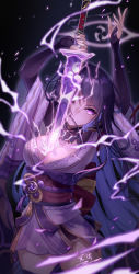 Rule 34 | 1girl, absurdres, armor, arms up, black background, breasts, bridal gauntlets, cleavage, commentary request, covered mouth, electricity, energy sword, floral print, genshin impact, highres, holding, holding sword, holding weapon, human scabbard, japanese clothes, kimono, large breasts, long hair, long sleeves, looking at viewer, mitsudomoe (shape), nail polish, obi, obiage, obijime, purple eyes, purple hair, purple nails, purple thighhighs, raiden shogun, ribbon, sash, shoulder armor, simple background, solo, sword, tassel, thighhighs, tomoe (symbol), weapon, wide sleeves, yelan xing xuan