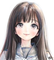 Rule 34 | 1girl, blush, brown hair, closed mouth, grey eyes, hiro (dismaless), long hair, looking at viewer, original, pink lips, school uniform, serafuku, signature, simple background, smile, solo, uniform, upper body, white background