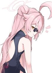 Rule 34 | 1girl, absurdres, ahoge, back, black dress, blue archive, blush, dress, glasses, hair bun, halo, high (hgih), highres, hoshino (blue archive), long hair, looking at viewer, pink hair, pink halo, simple background, solo, very long hair, white background, yellow eyes
