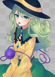 Rule 34 | 1girl, alternate hair length, alternate hairstyle, artist name, bad id, bad twitter id, black hat, blue eyes, buttons, collared shirt, diamond button, frilled shirt collar, frills, green hair, green skirt, hair between eyes, hat, heart, heart of string, highres, komeiji koishi, long hair, necono (nyu6poko), open mouth, shirt, signature, skirt, sleeves past fingers, sleeves past wrists, solo, third eye, tongue, tongue out, touhou, wide sleeves, yellow shirt