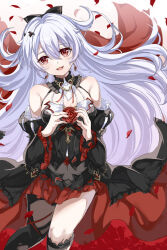 Rule 34 | 1girl, :d, asymmetrical legwear, bare shoulders, bat hair ornament, black bow, black dress, bow, breasts, cleavage, detached sleeves, dress, earrings, fang, fangs, flower, frills, hair between eyes, hair bow, hair ornament, highres, holding, honkai (series), honkai impact 3rd, jewelry, long hair, long sleeves, looking at viewer, theresa apocalypse (luna kindred), open mouth, petals, red eyes, red flower, red rose, rose, rose petals, single thighhigh, small breasts, smile, solo, theresa apocalypse, theresa apocalypse (luna kindred), theresa apocalypse (lunar vow: crimson love), thighhighs, ufotram, vampire, white hair