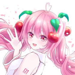 Rule 34 | 1girl, :d, ahoge, blouse, cherry blossoms, detached sleeves, floating hair, from side, hair between eyes, hatsune miku, heart, heart ahoge, highres, katorea, long hair, looking at viewer, open mouth, pink eyes, pink hair, pink sleeves, sakura miku, shirt, sleeveless, sleeveless shirt, smile, solo, upper body, very long hair, vocaloid, white shirt