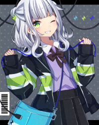 Rule 34 | 1girl, ;d, absurdres, bag, barcode, black jacket, black skirt, bow, bowtie, brown bow, brown bowtie, commentary request, drawstring, green eyes, grin, hair bun, hair ornament, hands up, highres, holding, jacket, long hair, long sleeves, looking at viewer, one eye closed, open clothes, open jacket, open mouth, original, pleated skirt, polka dot, polka dot background, purple shirt, sapphire (sapphire25252), shirt, shirt tucked in, shoulder bag, sidelocks, single hair bun, skirt, smile, solo, teeth, v-shaped eyebrows, white hair, wing collar