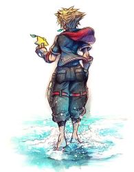 Rule 34 | 1boy, barefoot, belt, black pants, brown hair, food, food in mouth, from behind, fruit, gloves, holding, holding food, holding fruit, hood, hood down, hoodie, kingdom hearts, kingdom hearts iii, male focus, nomura tetsuya, official art, pants, paopu fruit, pocket, short sleeves, simple background, solo, sora (kingdom hearts), spiked hair, square enix, standing, walking, water, white background