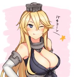 Rule 34 | 1girl, blonde hair, blue eyes, breasts, cleavage, elbow gloves, front-tie top, gloves, headgear, highres, iowa (kancolle), kantai collection, large breasts, looking at viewer, one eye closed, solo, star-shaped pupils, star (symbol), symbol-shaped pupils, tongue, tongue out, upper body, yuubokumin