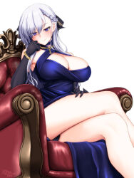 Rule 34 | 1girl, absurdres, arm rest, azur lane, belfast (azur lane), belfast (the noble attendant) (azur lane), braid, breasts, broken, broken chain, chain, chair, cleavage, cocktail dress, criss-cross halter, crossed legs, cup, dress, drinking glass, elbow gloves, elbow rest, evening gown, french braid, gloves, gold bracelet, gold chain, halter dress, halterneck, hand on own cheek, hand on own face, head rest, highres, koutarou (plusdrive), large breasts, long hair, looking at viewer, low neckline, official alternate costume, purple eyes, purple gloves, sitting, smile, solo, white background, white hair