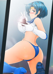 Rule 34 | 1girl, ass, bikini, bishoujo senshi sailor moon, blue bikini, blue footwear, blue sailor collar, blurry, blurry foreground, blush, boots, breasts, butt crack, camera flash, cellphone, closed mouth, commentary request, covered erect nipples, crop top, depth of field, earrings, elbow gloves, from behind, gloves, high heel boots, high heels, highres, holding, holding phone, impossible clothes, impossible swimsuit, inner senshi, jewelry, lens flare, looking at viewer, looking back, medium breasts, mirror, mizuno ami, nanashi noiji, on one knee, phone, reflection, sailor bikini, sailor collar, sailor mercury, sailor senshi, sailor senshi uniform, selfie, short hair, skindentation, smile, solo, swimsuit, thigh boots, thighhighs, thighs, thong bikini, tiara, v, white gloves
