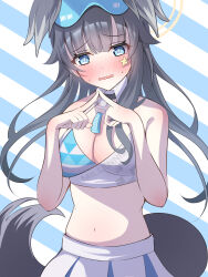 Rule 34 | 1girl, absurdres, animal ears, bare shoulders, black hair, blue archive, blue eyes, blush, breasts, character name, cleavage, commentary, crop top, dog ears, dog girl, dog tail, ears down, eyewear on head, full-face blush, furrowed brow, halo, hands up, hibiki (blue archive), hibiki (cheer squad) (blue archive), highres, index fingers together, medium breasts, midriff, millennium cheerleader outfit (blue archive), nano (blueoekaki), navel, official alternate costume, open mouth, skirt, solo, sticker on face, stomach, sweat, tail, upper body, wavy mouth, white skirt