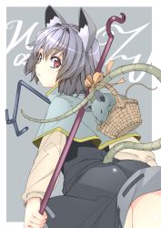 Rule 34 | 1girl, animal ears, ass, basket, capelet, cowboy shot, dowsing rod, eyebrows, from behind, grey hair, highres, ichikawa ryuunosuke, long sleeves, looking at viewer, mouse (animal), mouse ears, mouse tail, nazrin, red eyes, ribbon, short hair, simple background, solo, tail, touhou