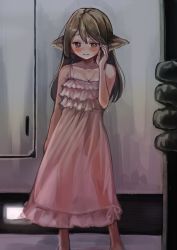 Rule 34 | 1girl, animal ears, arknights, blush, breasts, brown eyes, brown hair, chocolatice, collarbone, dress, feet out of frame, fox ears, hand on own cheek, hand on own face, hand up, highres, long hair, looking at viewer, perfumer (arknights), pink dress, see-through, small breasts, solo, standing, straight-on