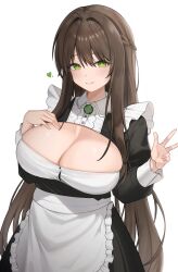 Rule 34 | 1girl, absurdres, alternate costume, apron, black dress, black survival, braid, breasts, brown hair, cleavage, cleavage cutout, closed mouth, clothing cutout, collared dress, dasi (kwts3227), dress, enmaided, eternal return: black survival, frilled apron, frilled dress, frills, green eyes, gweon sua, hand on own chest, hand up, heart, highres, juliet sleeves, large breasts, long hair, long sleeves, looking at viewer, maid, maid apron, puffy sleeves, simple background, skindentation, smile, solo, symbol-shaped pupils, upper body, v, very long hair, waist apron, white background