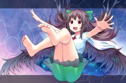 Rule 34 | 1girl, alcohol (coldfront), bad id, bad pixiv id, bare legs, barefoot, blush, bow, brown hair, cape, coldfront, feet, female focus, hair bow, letterboxed, long hair, open mouth, outstretched arms, radiation symbol, red eyes, reiuji utsuho, shirt, skirt, smile, soles, solo, space, third eye, toes, touhou, wings