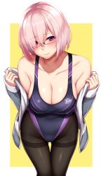 Rule 34 | 1girl, absurdres, black pantyhose, blush, breasts, cleavage, collarbone, competition swimsuit, cowboy shot, fate (series), glasses, gluteal fold, hair between eyes, hair over one eye, highleg, highleg swimsuit, highres, large breasts, leaning forward, mash kyrielight, one-piece swimsuit, oogatazin, pantyhose, pantyhose under swimsuit, pink hair, purple eyes, short hair, solo, standing, swimsuit, thigh gap, thighband pantyhose, two-tone background, yellow background