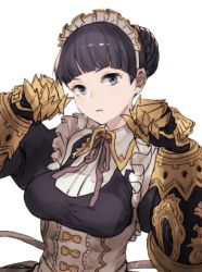 Rule 34 | 10s, 1girl, bad id, bad pixiv id, black dress, black gloves, black hair, blue eyes, blunt bangs, bow, brass knuckles, claudia (granblue fantasy), corset, dress, gauntlets, gloves, granblue fantasy, hair bun, highres, light frown, long sleeves, looking away, looking to the side, maid headdress, miri nanase, neck ribbon, puffy long sleeves, puffy sleeves, purple ribbon, ribbon, short hair, simple background, single hair bun, solo, underbust, upper body, weapon, white background, wing collar, yellow bow