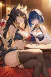 Rule 34 | 2girls, absurdres, ahoge, alcohol, animal ears, aqua eyes, bare shoulders, black hair, black shorts, blonde hair, blue eyes, blue hair, blunt ends, breasts, brown thighhighs, chinese commentary, closed mouth, collarbone, commentary request, crossed bangs, crossed legs, cup, dark-skinned female, dark skin, dehya (genshin impact), detached sleeves, dice, drinking glass, duplicate, earrings, extra ears, eyes visible through hair, fingernails, genshin impact, glass, gold necklace, hair between eyes, hair ears, hand up, highres, holding, holding cup, indoors, jewelry, lamp, large breasts, lips, long fingernails, long sleeves, looking at viewer, multicolored hair, multiple girls, navel, necklace, open mouth, shanguier, short hair, short shorts, shorts, sitting, sparkle, table, thighhighs, tongue, two-tone hair, v-shaped eyebrows, wall, wide sleeves, wine, wine glass, yelan (genshin impact)