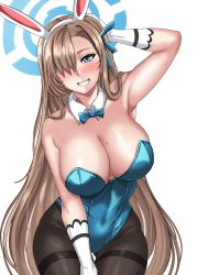 Rule 34 | 1girl, absurdres, animal ears, arm up, armpits, asuna (blue archive), asuna (bunny) (blue archive), bare shoulders, black pantyhose, blue archive, blue bow, blue bowtie, blue eyes, blue leotard, blue ribbon, blush, bow, bowtie, breasts, brown hair, cleavage, covered navel, detached collar, drie, fake animal ears, gloves, hair over one eye, hair ribbon, highres, large breasts, leotard, long hair, mole, mole on breast, pantyhose, parted lips, playboy bunny, rabbit ears, ribbon, simple background, smile, solo, very long hair, white background, white gloves