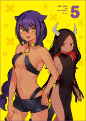 Rule 34 | 2girls, bare shoulders, black shorts, braid, breasts, closed mouth, collarbone, cover, cover page, dark-skinned female, dark skin, fang, female focus, hair flaps, halterneck, horns, jahy, jahy-sama wa kujikenai!, konbu wakame, large breasts, looking at viewer, manga cover, maou (jahy-sama wa kujikenai!), multicolored hair, multiple girls, navel, o-ring, o-ring top, official art, open mouth, pointy ears, red eyes, red hair, short shorts, shorts, single braid, smile, yellow eyes