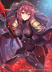 Rule 34 | 1girl, bodysuit, breasts, brown bodysuit, closed mouth, commentary request, fate/grand order, fate (series), flower, hair between eyes, hand up, head tilt, holding, holding lance, holding polearm, holding weapon, kagachi saku, lance, large breasts, long hair, polearm, red eyes, red flower, red hair, scathach (fate), smile, solo, spider lily, thigh gap, veil, weapon